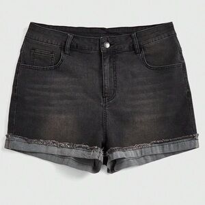 New black distressed denim shorts